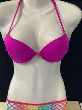Rose + Vine Hot Pink Push-Up Lace Racerback Bra 34A Y2K